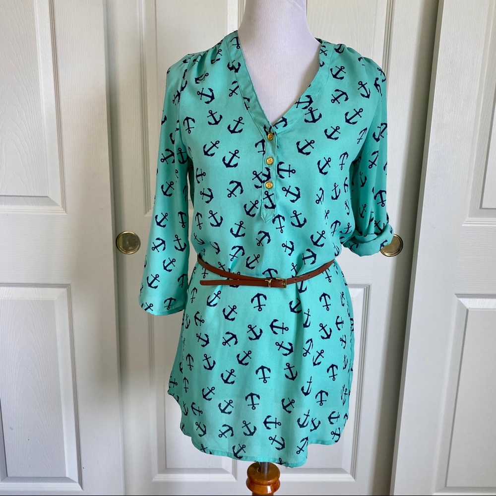 rue21 Mint Green Navy Anchor Print Belted Shirt Dress‎ Roll-Tab Sleeves Sz S